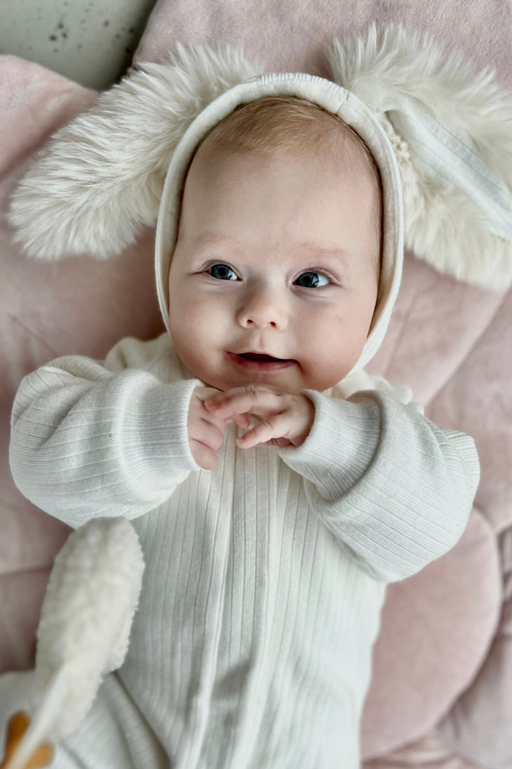 Jamiks "Kirby" Ribbed Faux Fur Bunny Ear Romper | Millie and John