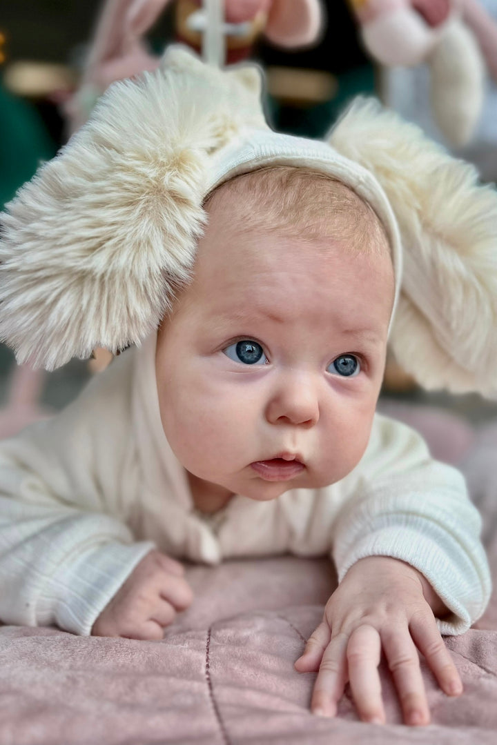 Jamiks "Kirby" Ribbed Faux Fur Bunny Ear Romper | Millie and John