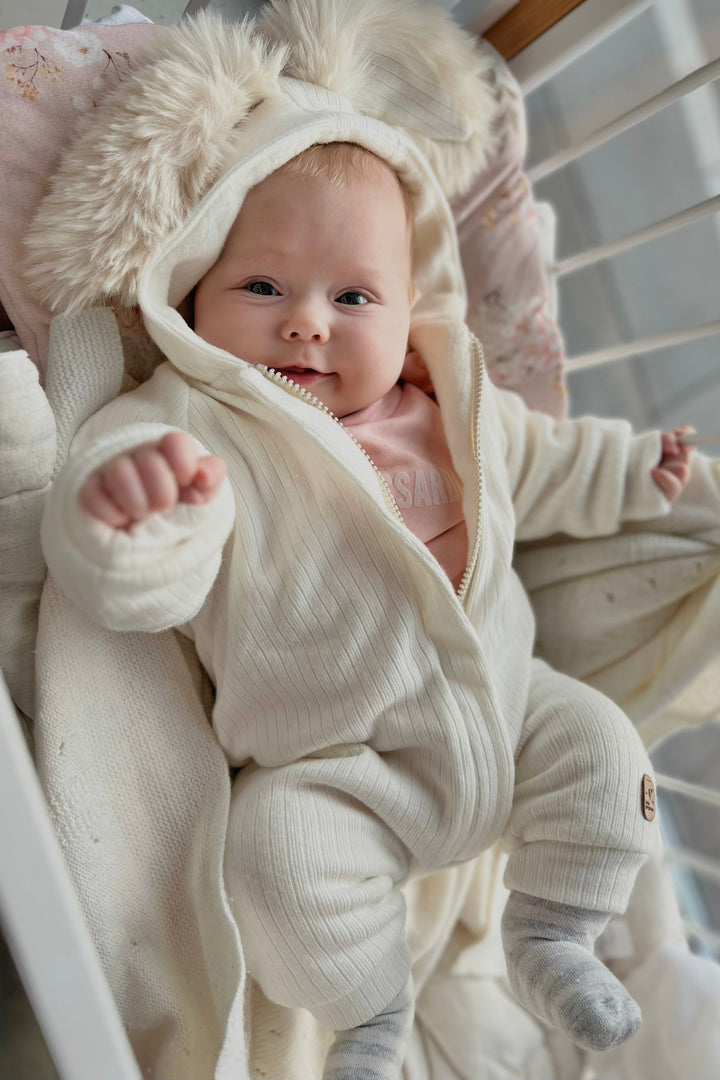 Jamiks "Kirby" Ribbed Faux Fur Bunny Ear Romper | Millie and John