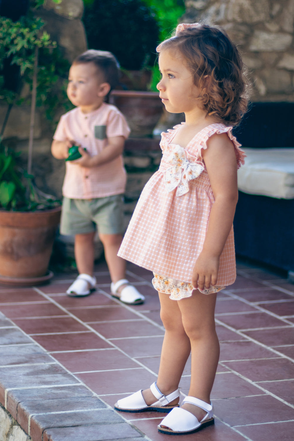 Calamaro PREORDER "Asher" Peach Gingham Shirt & Khaki Shorts | Millie and John