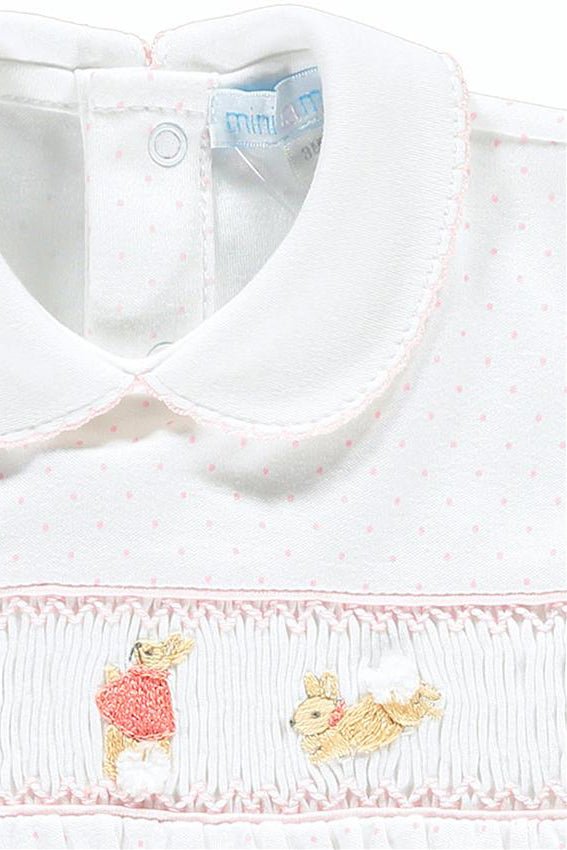 Mini-la-Mode The Flopsy Bunnies White & Pink Polka Dot Smocked Romper | Millie and John