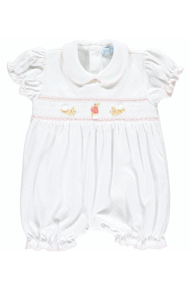 Mini-la-Mode The Flopsy Bunnies White & Pink Polka Dot Smocked Romper | Millie and John