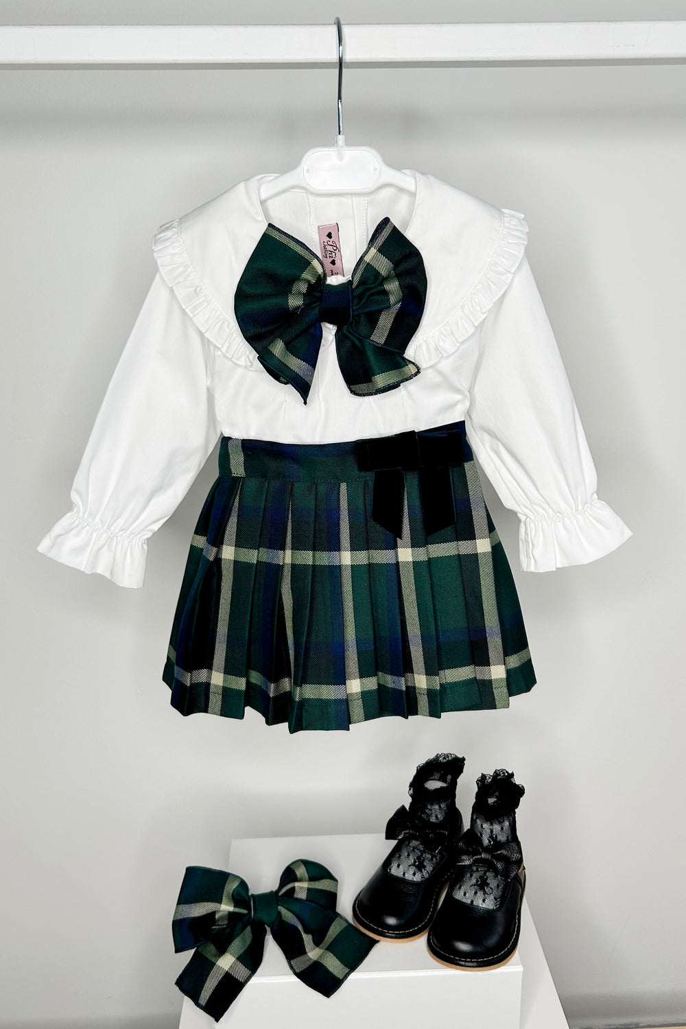 Phi "Octavia" Blouse & Bottle Green Tartan Pleated Skirt | Millie and John