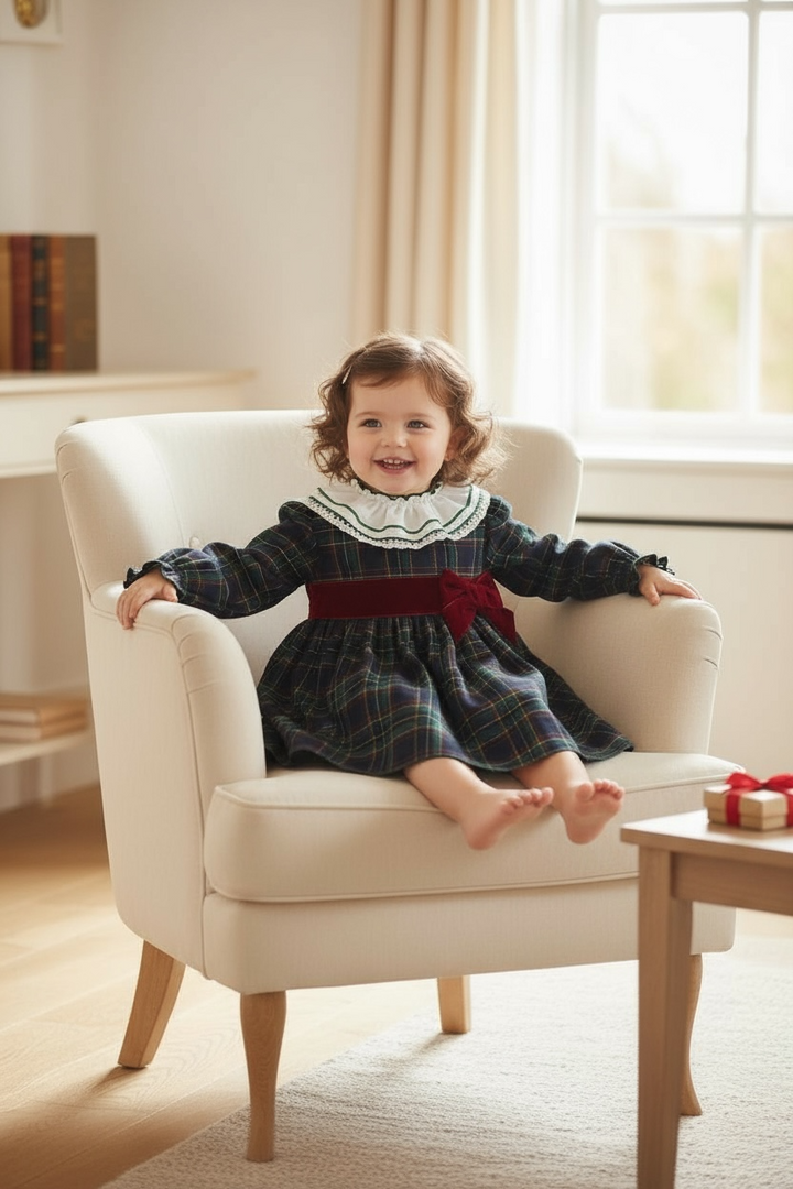 "Madeleine" Bottle Green Tartan Dress & Bloomers