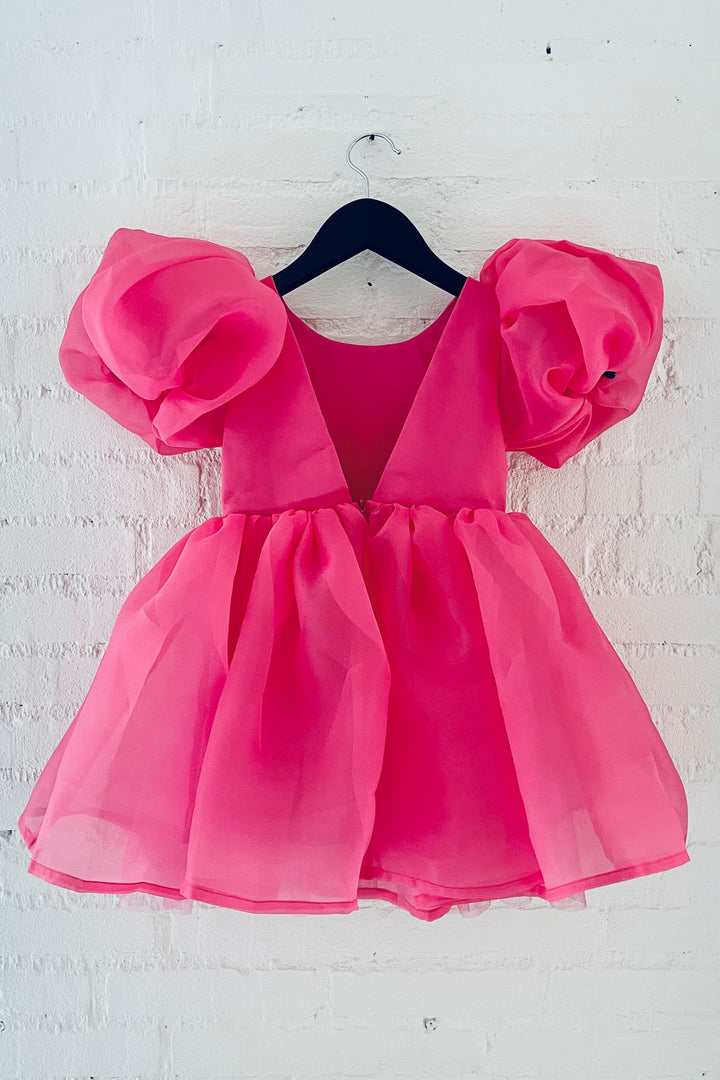 DOLLY by Le Petit Tom Hot Pink Satin Organza Puff Sleeve Dress | Millie and John