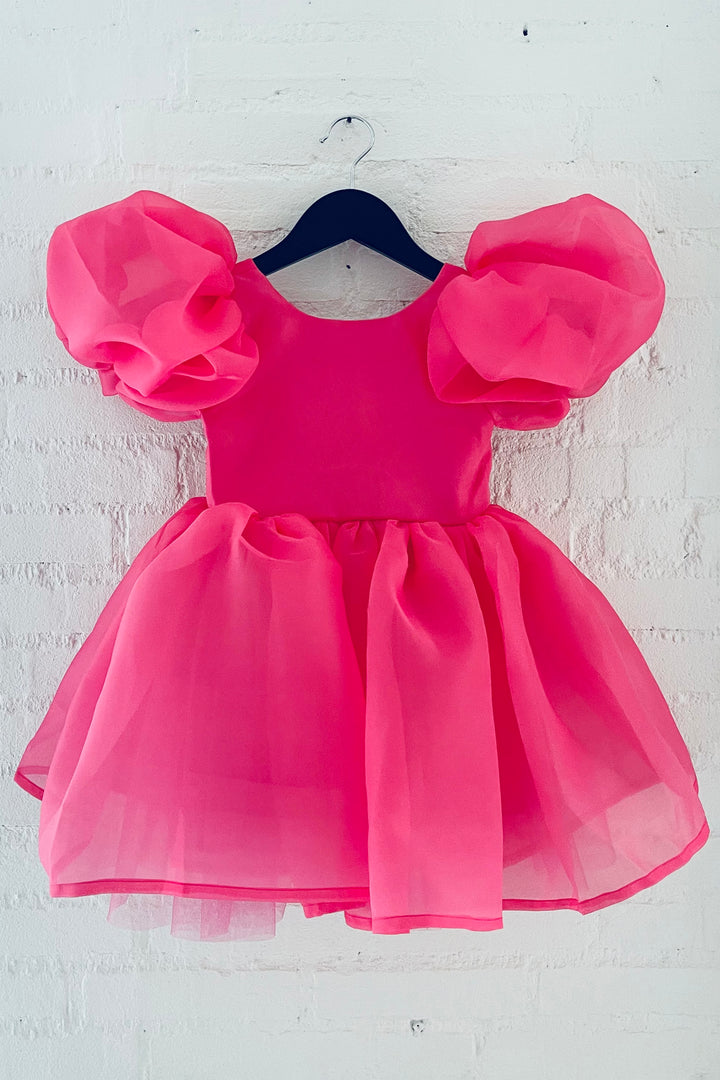 DOLLY by Le Petit Tom Hot Pink Satin Organza Puff Sleeve Dress | Millie and John