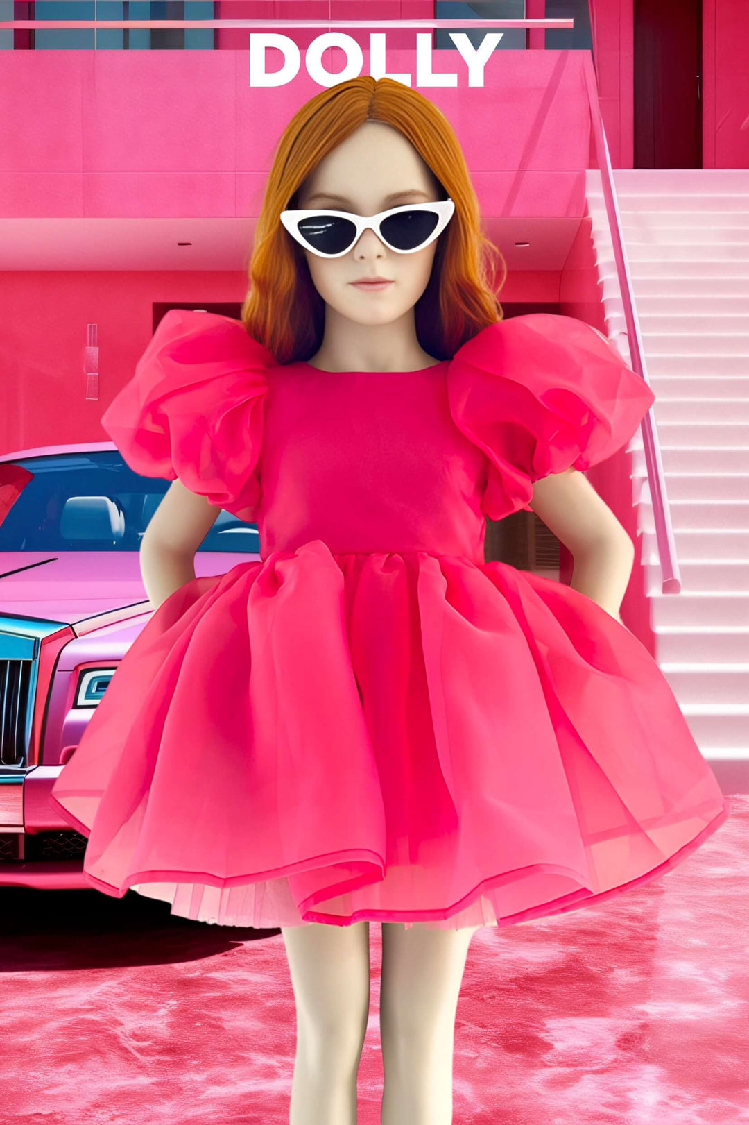 DOLLY by Le Petit Tom Hot Pink Satin Organza Puff Sleeve Dress | Millie and John
