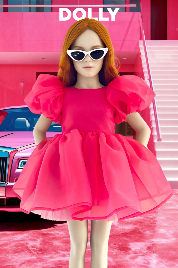 DOLLY by Le Petit Tom Hot Pink Satin Organza Puff Sleeve Dress | Millie and John