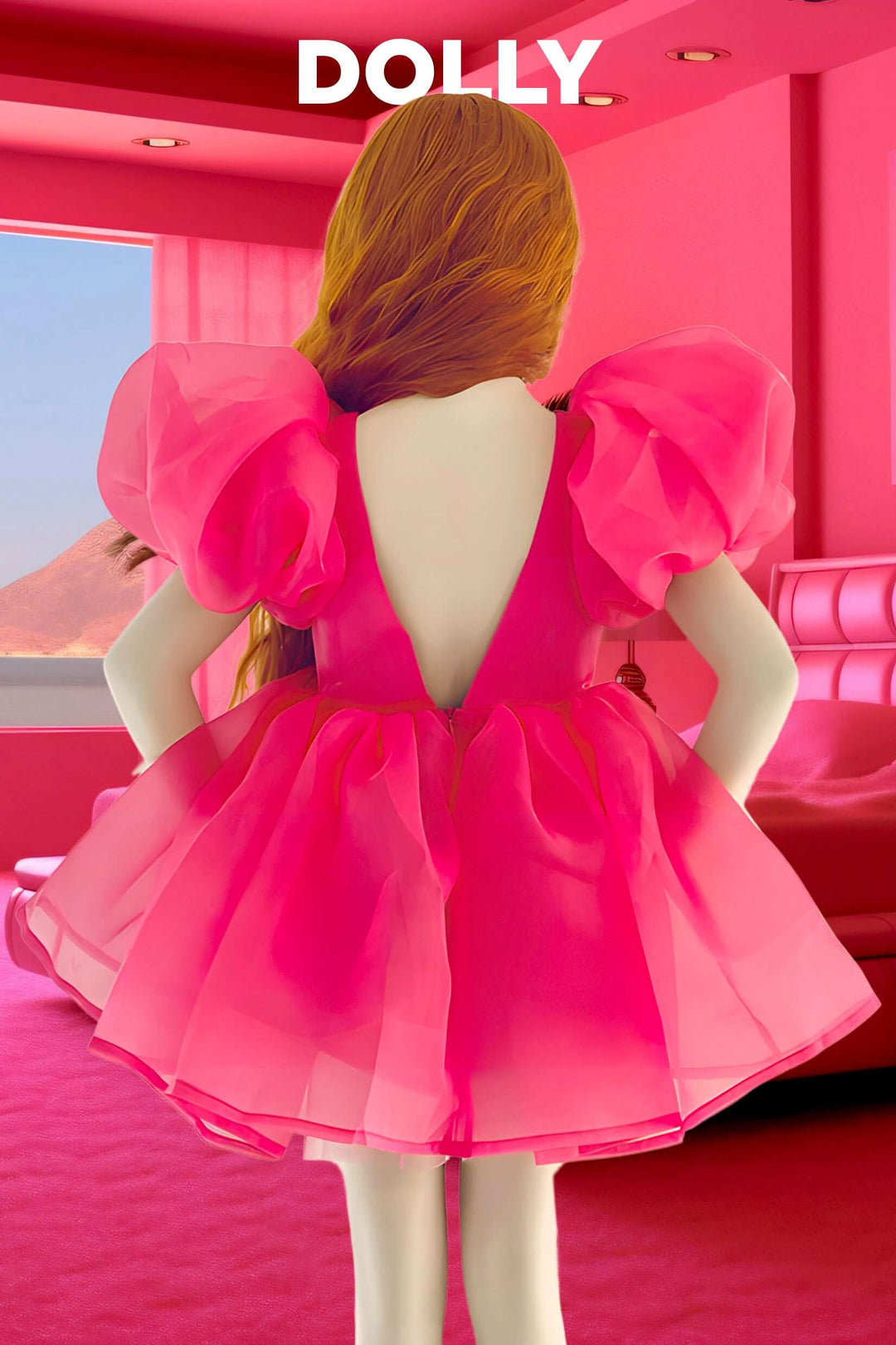 DOLLY by Le Petit Tom Hot Pink Satin Organza Puff Sleeve Dress | Millie and John