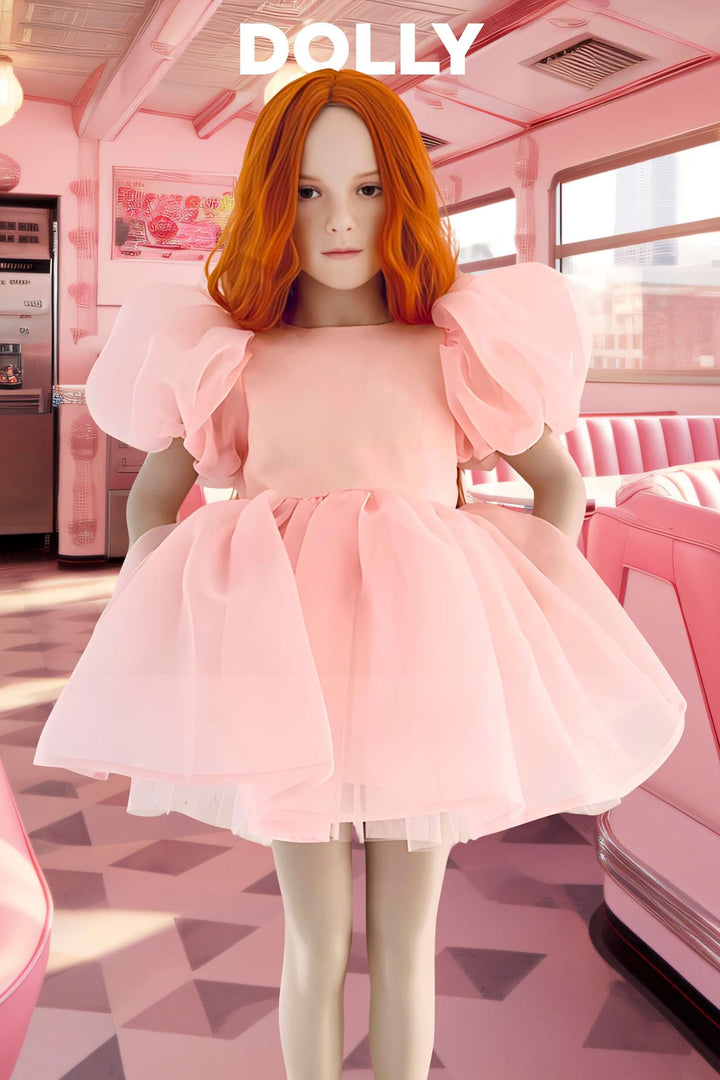 DOLLY by Le Petit Tom Pink Satin Organza Puff Sleeve Dress | Millie and John