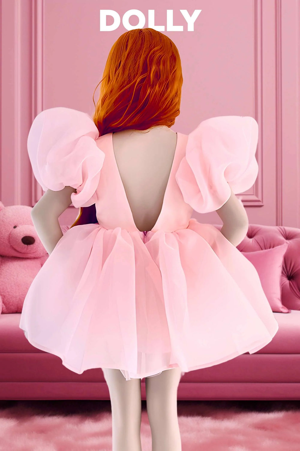 DOLLY by Le Petit Tom Pink Satin Organza Puff Sleeve Dress | Millie and John