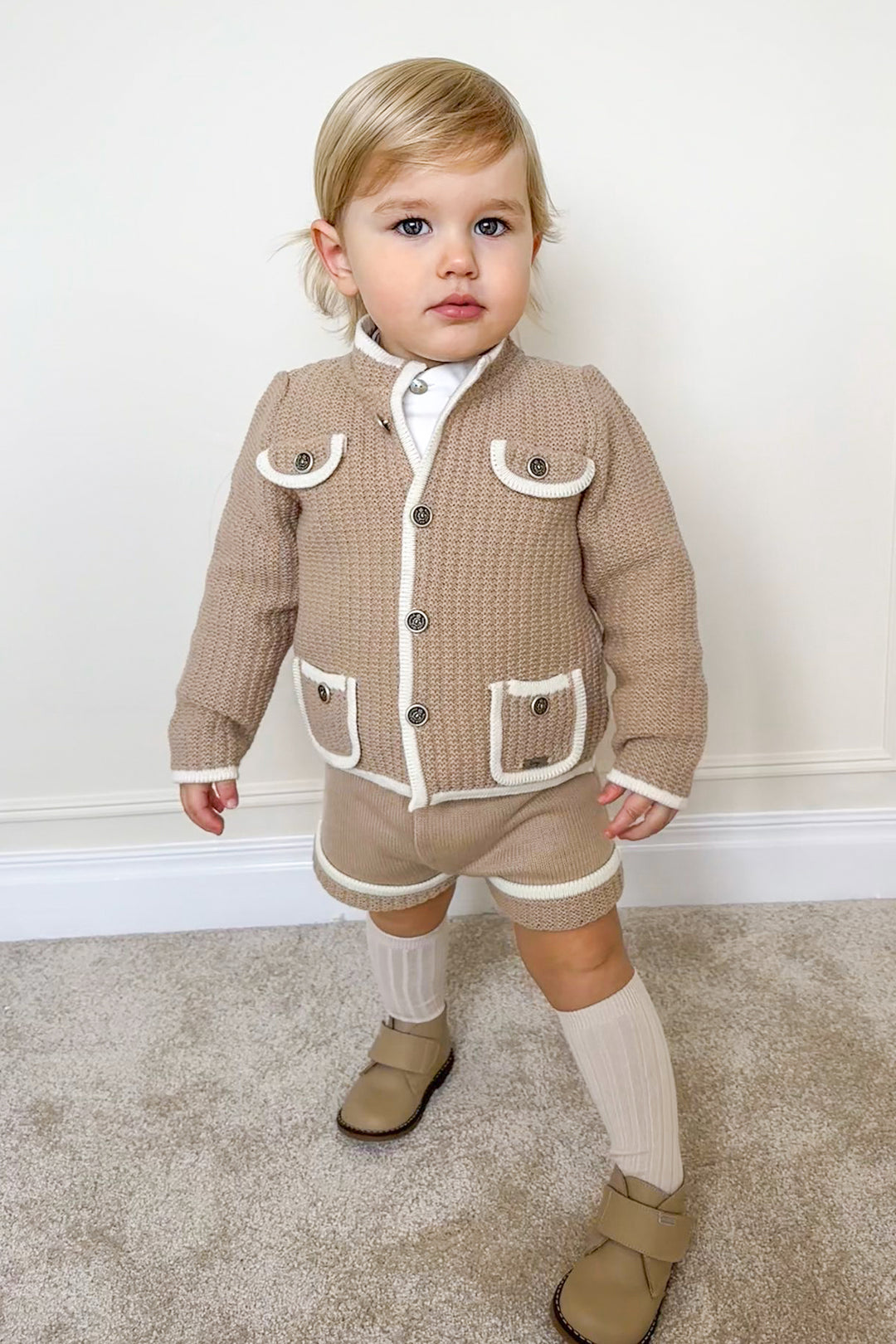 Rahigo "Jude" Camel & Cream Knit Cardigan, Shirt & Shorts | Millie and John