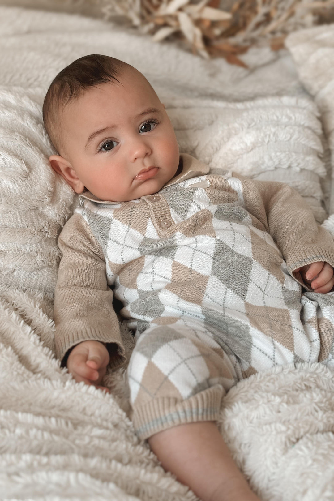 Blues Baby "Logan" Beige & Grey Argyle Knit Romper | Millie and John