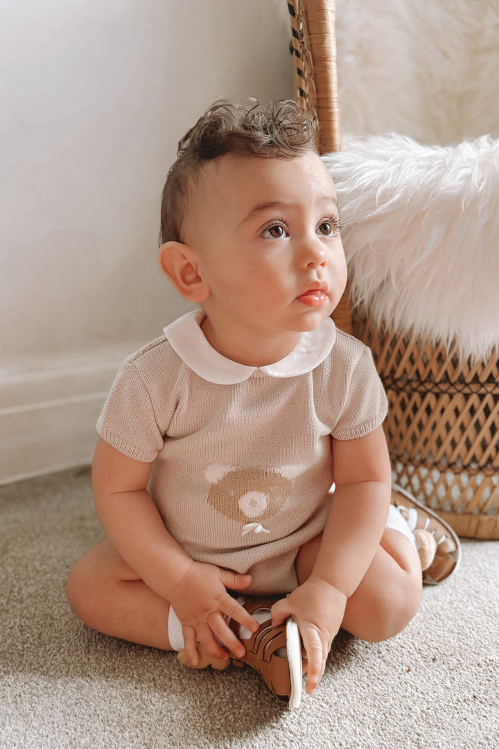 Granlei "Teddy" Stone Knitted Bear Romper | Millie and John