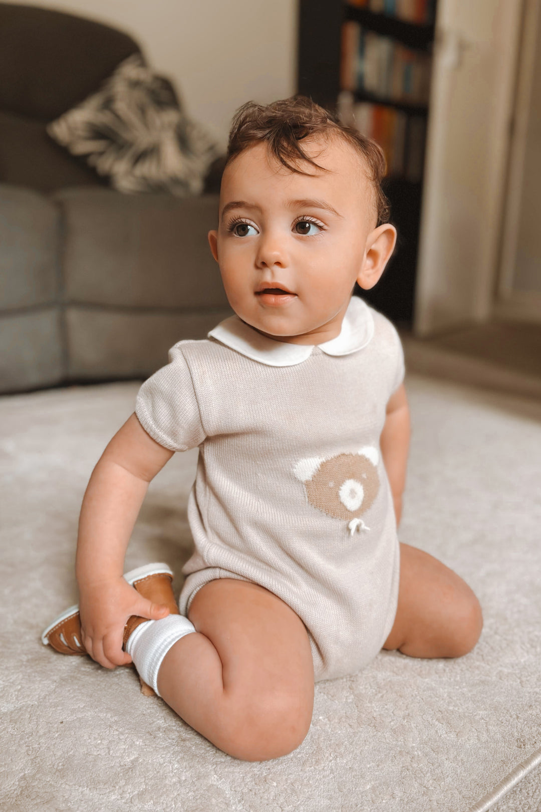 Granlei "Teddy" Stone Knitted Bear Romper | Millie and John