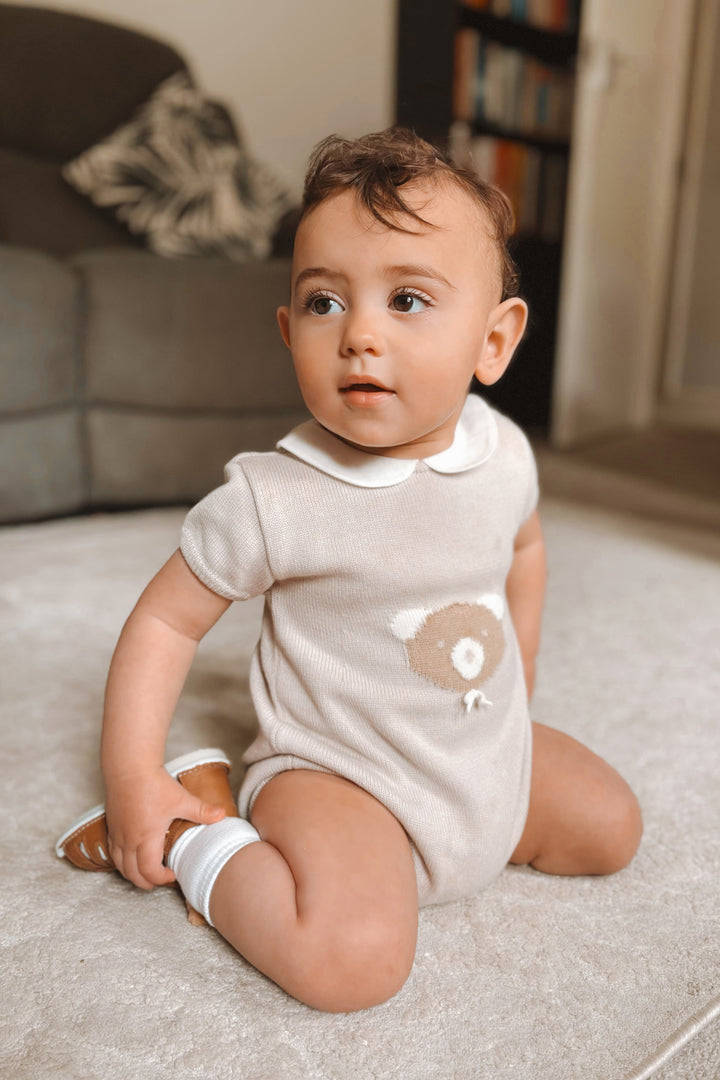Granlei "Teddy" Stone Knitted Bear Romper | Millie and John