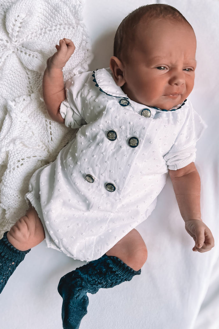 Chic by Deolinda "Royal" White Plumeti Dot Nautical Romper | Millie and John
