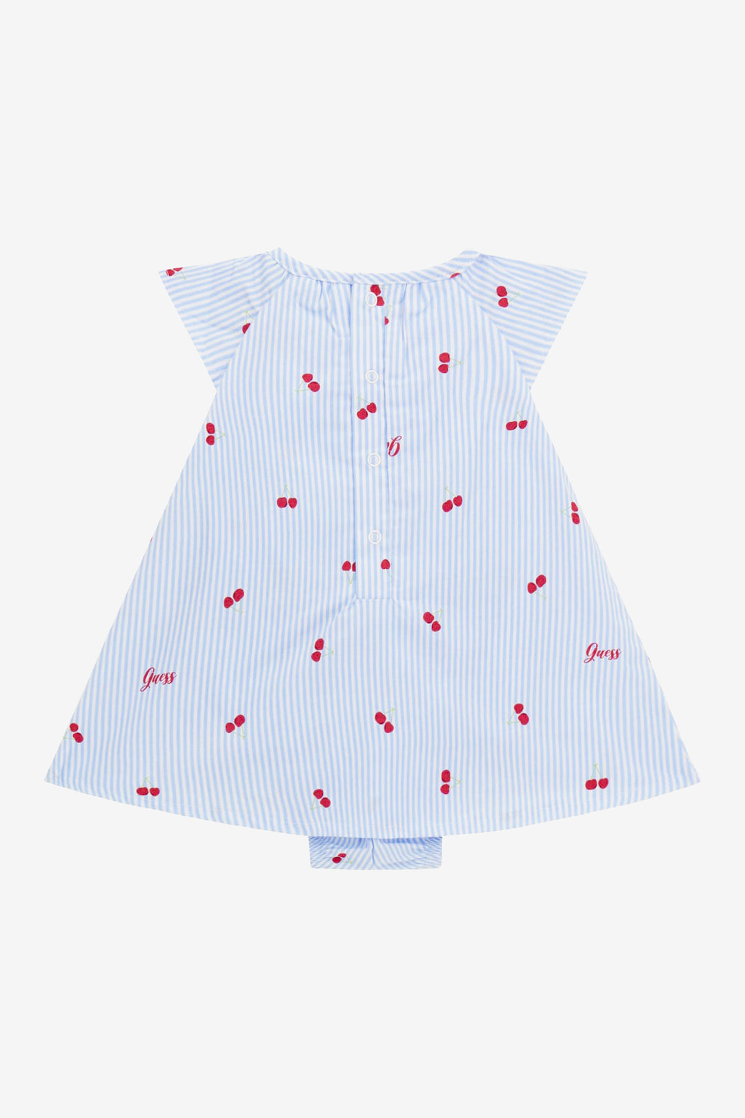 GUESS® Kids "Posy" Blue & White Striped Cherry Print Romper | Millie and John