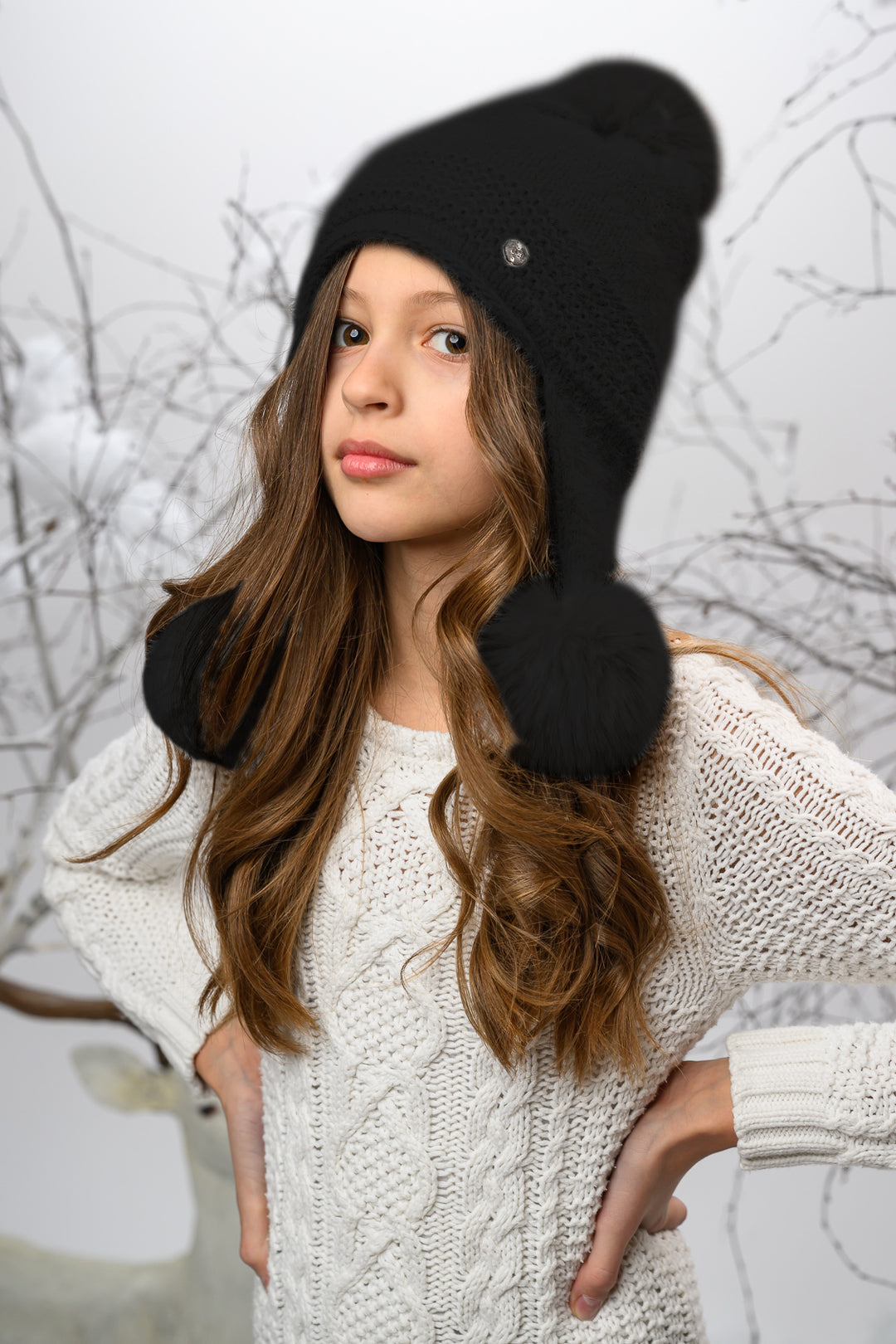 Jamiks Black Cashmere Triple Faux Fur Pom Pom Hat | Millie and John