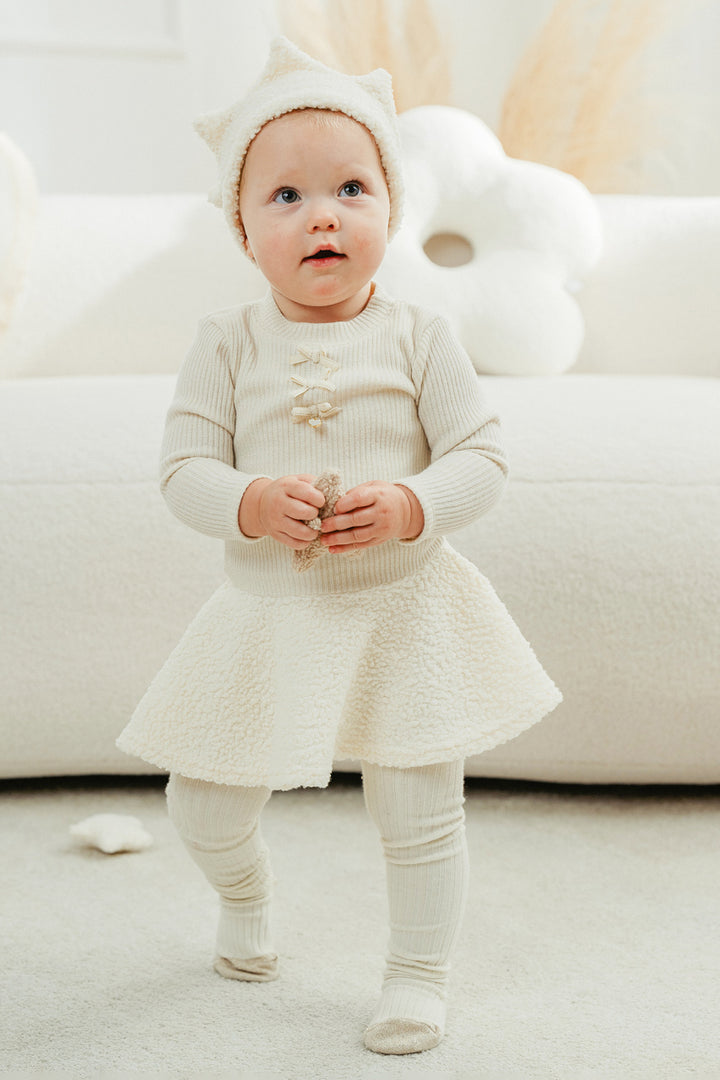 Jamiks "Sien" Sparkly Ecru Bouclé Drop Waist Dress | Millie and John
