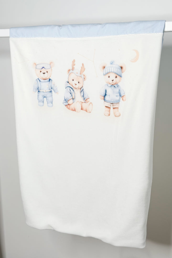 Jamiks Ivory & Blue Velour Bear Blanket | Millie and John