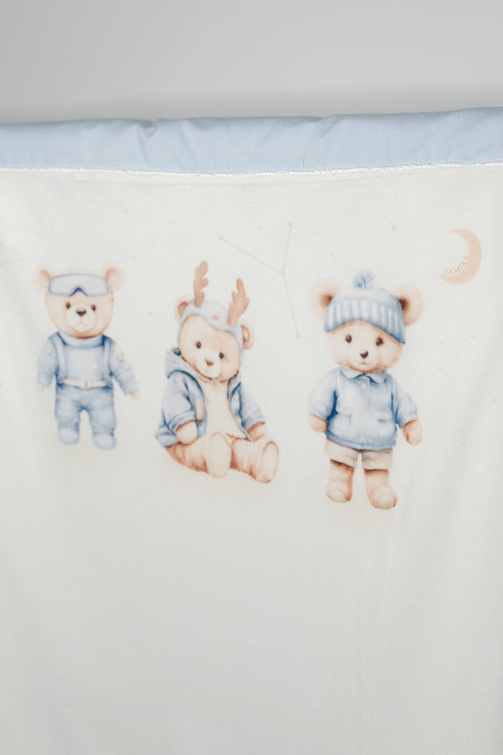 Jamiks Ivory & Blue Velour Bear Blanket | Millie and John