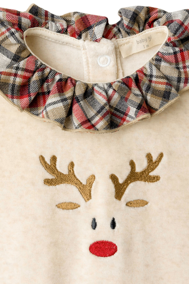 Baby Gi Beige Velour Ruffle Collar Reindeer Sleepsuit | Millie and John