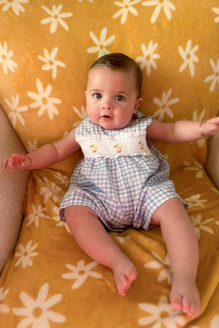 Valentina Bebés "Sammie" Blue Gingham Smocked Duck Dungarees | Millie and John