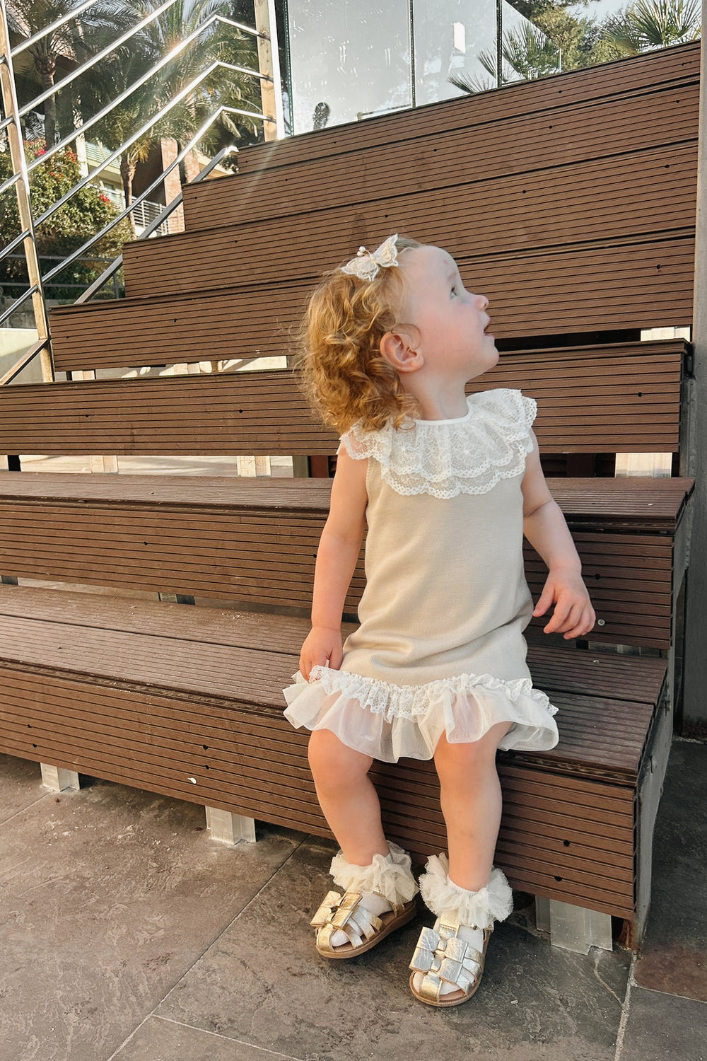 Granlei "Eleonora" Stone Knitted Lace & Tulle Bow Dress | Millie and John