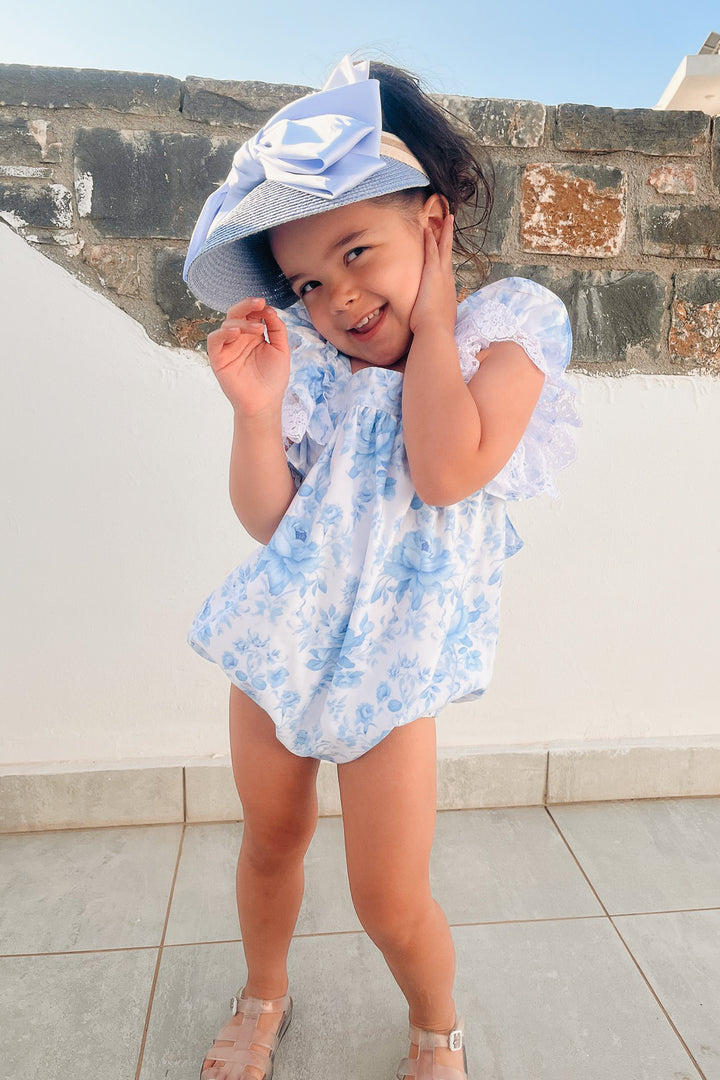 Fofettes x Be Chic "Elara" Blue Floral Lace Bow Romper | Millie and John