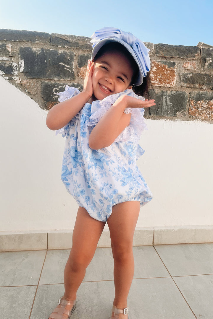 Fofettes x Be Chic "Elara" Blue Floral Lace Bow Romper | Millie and John