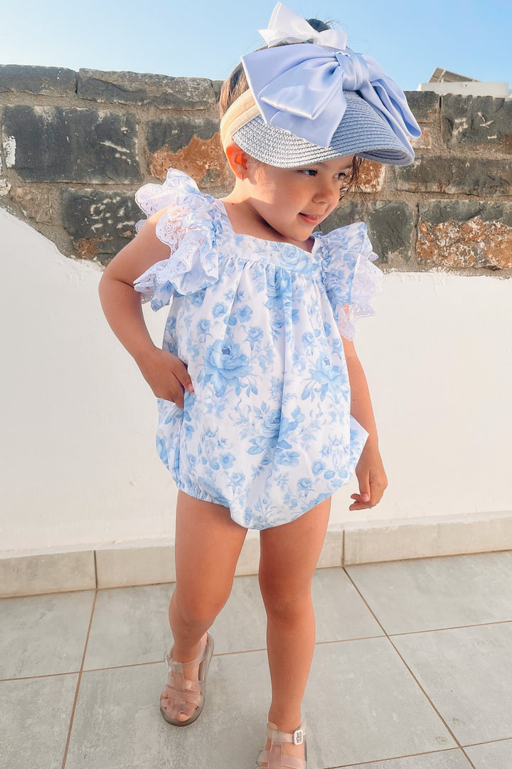 Fofettes x Be Chic "Elara" Blue Floral Lace Bow Romper | Millie and John