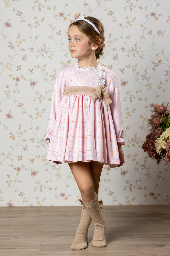 Abuela Tata "Imogen" Pink & Beige Tulle Check Dress | Millie and John