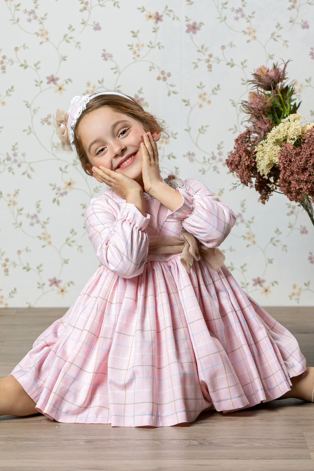 Abuela Tata "Imogen" Pink & Beige Tulle Check Dress | Millie and John