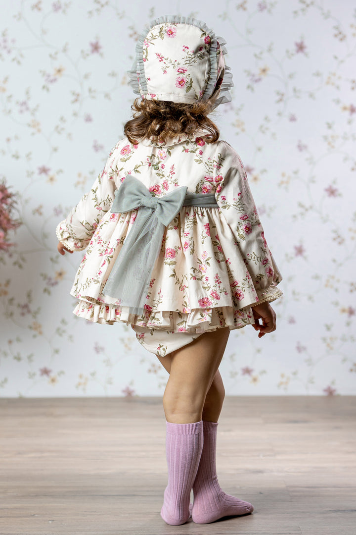 Abuela Tata "Henrietta" Cream & Pink Floral Dress, Bloomers & Bonnet | Millie and John