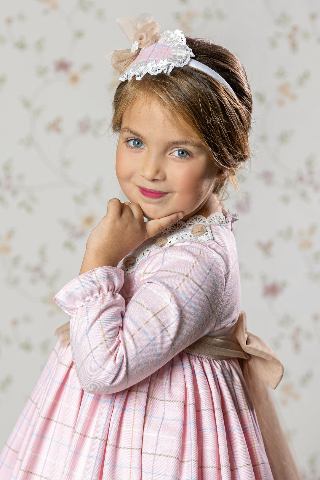 Abuela Tata "Imogen" Pink & Beige Tulle Check Dress | Millie and John