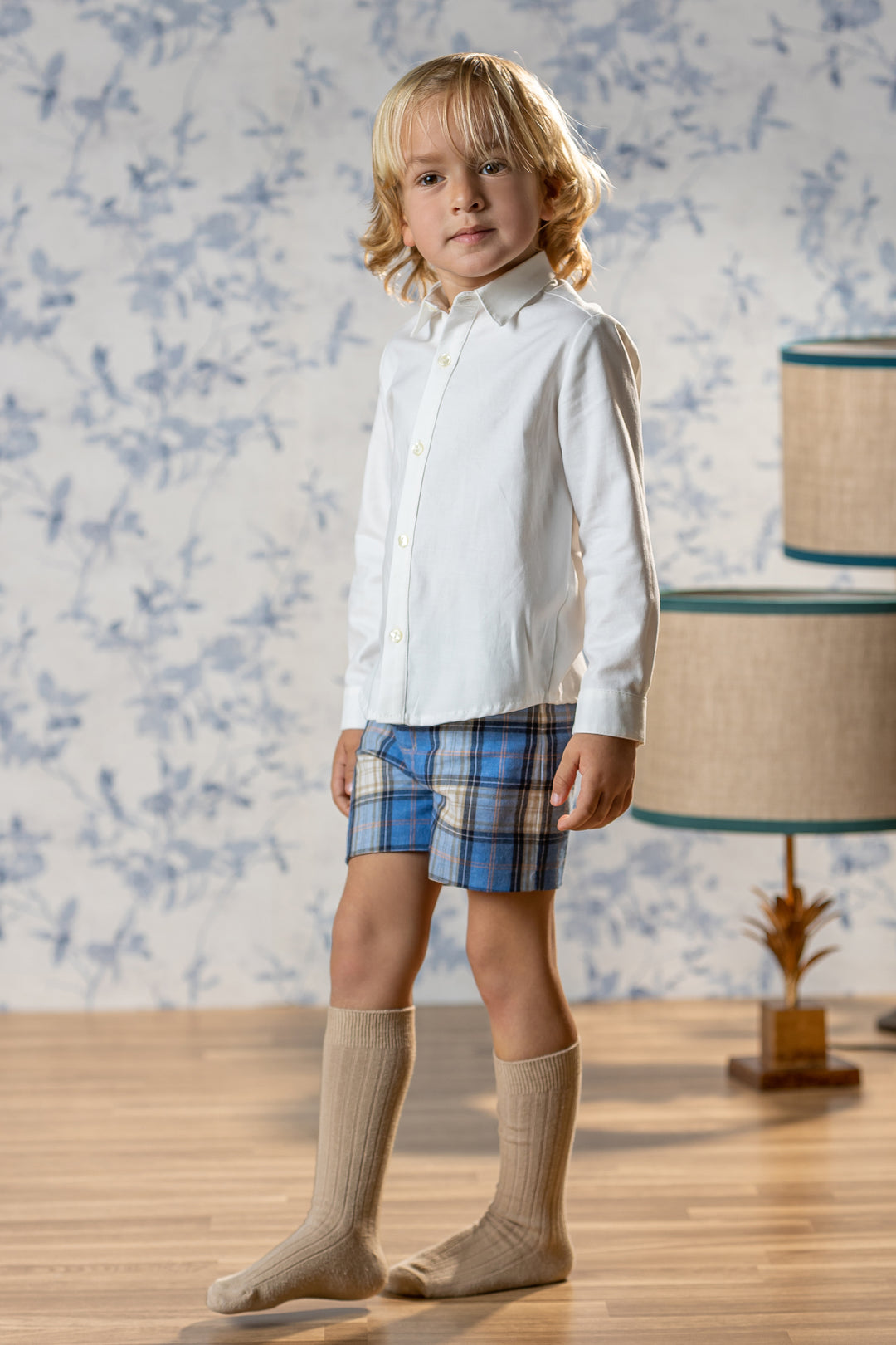 Abuela Tata "Alastair" Shirt & Dusky Blue Tartan Shorts | Millie and John
