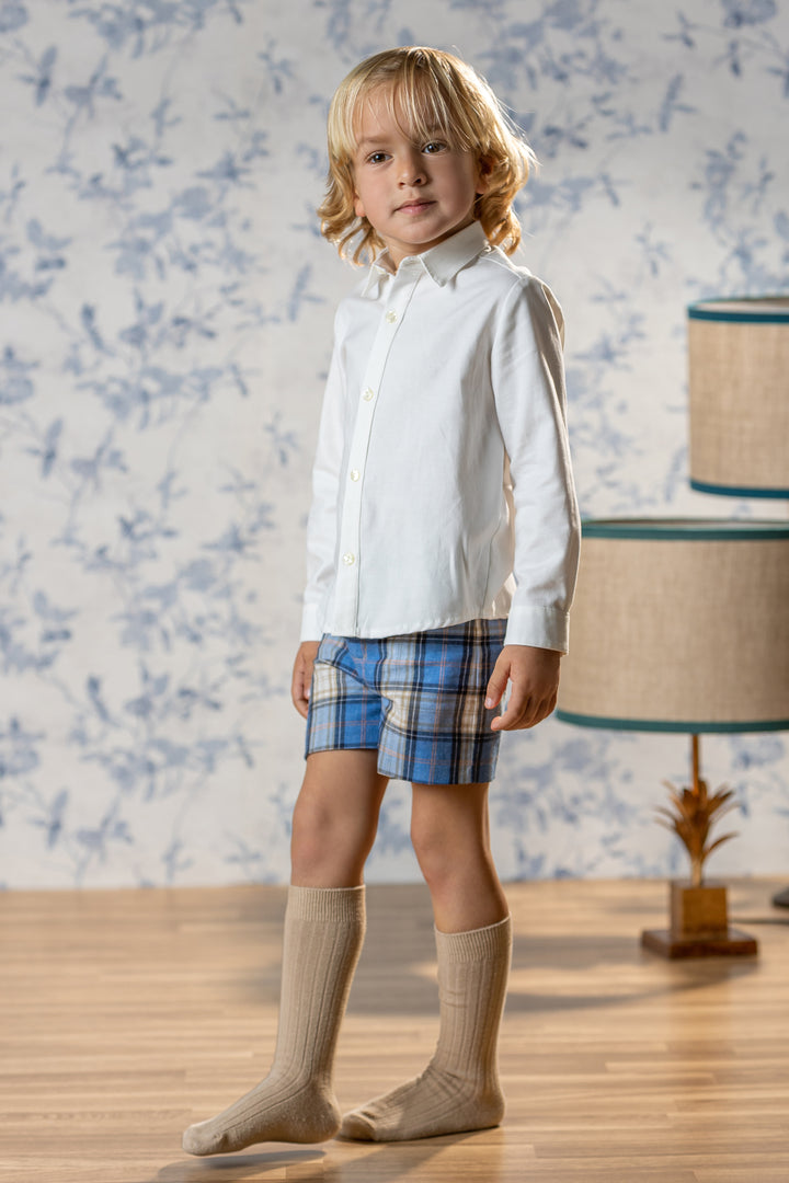 Abuela Tata "Alastair" Shirt & Dusky Blue Tartan Shorts | Millie and John