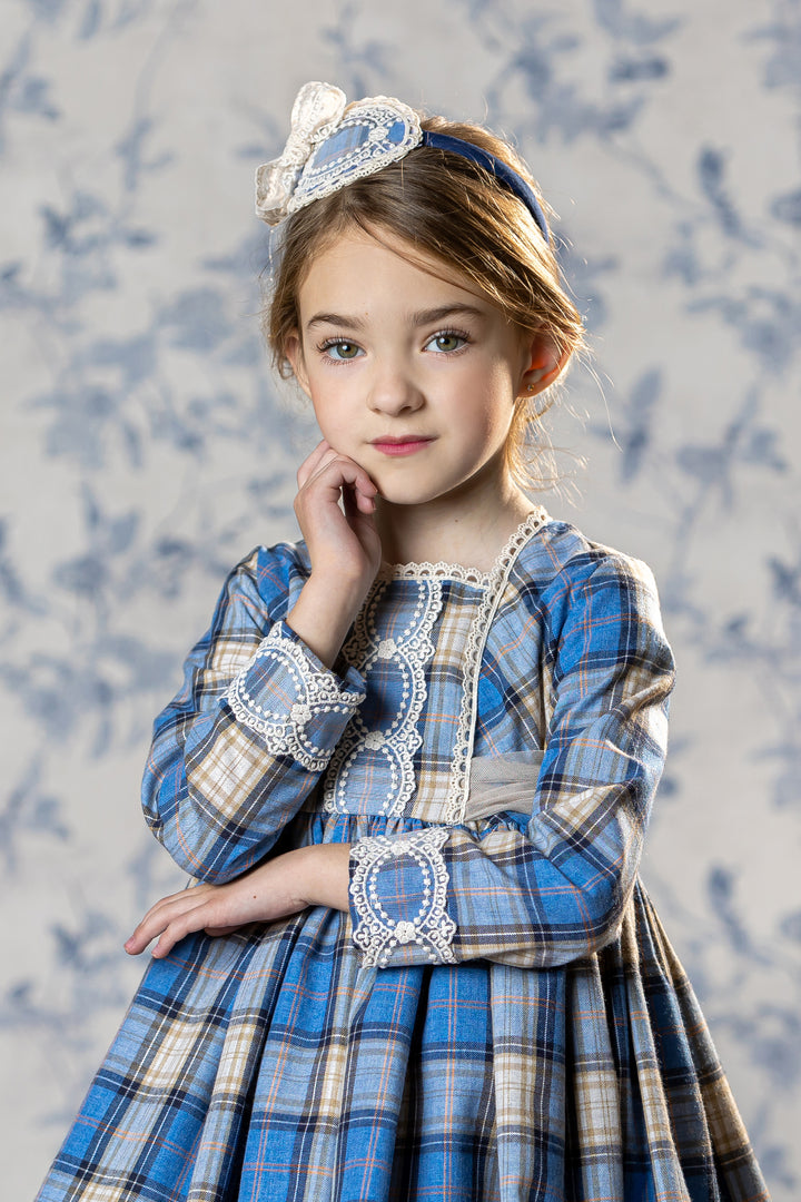 Abuela Tata "Hyacinth" Dusky Blue Tartan Tulle Bow Dress | Millie and John