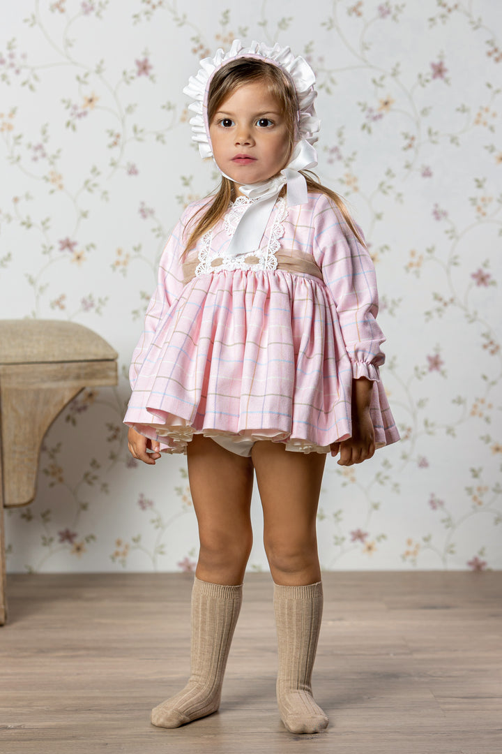 Abuela Tata "Daphne" Pink Check Dress, Bloomers & Bonnet | Millie and John