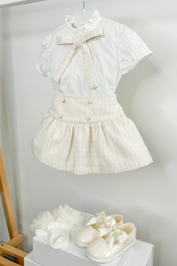 Puro Mimo "Anastasia" Ivory Bouclé Blouse & Skirt | Millie and John