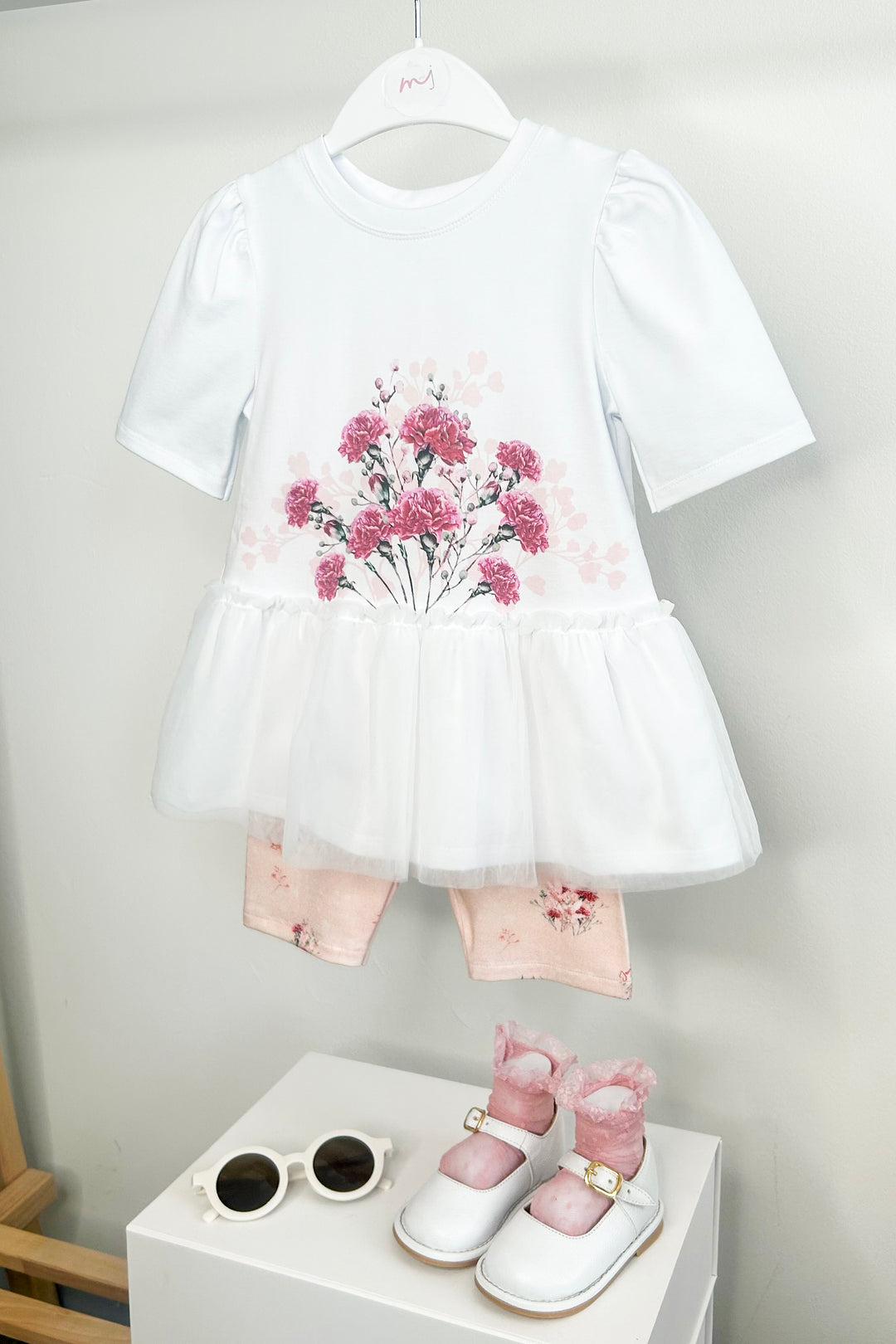 Jamiks "Zola" White & Fuchsia Floral Tulle Top & Biker Shorts | Millie and John