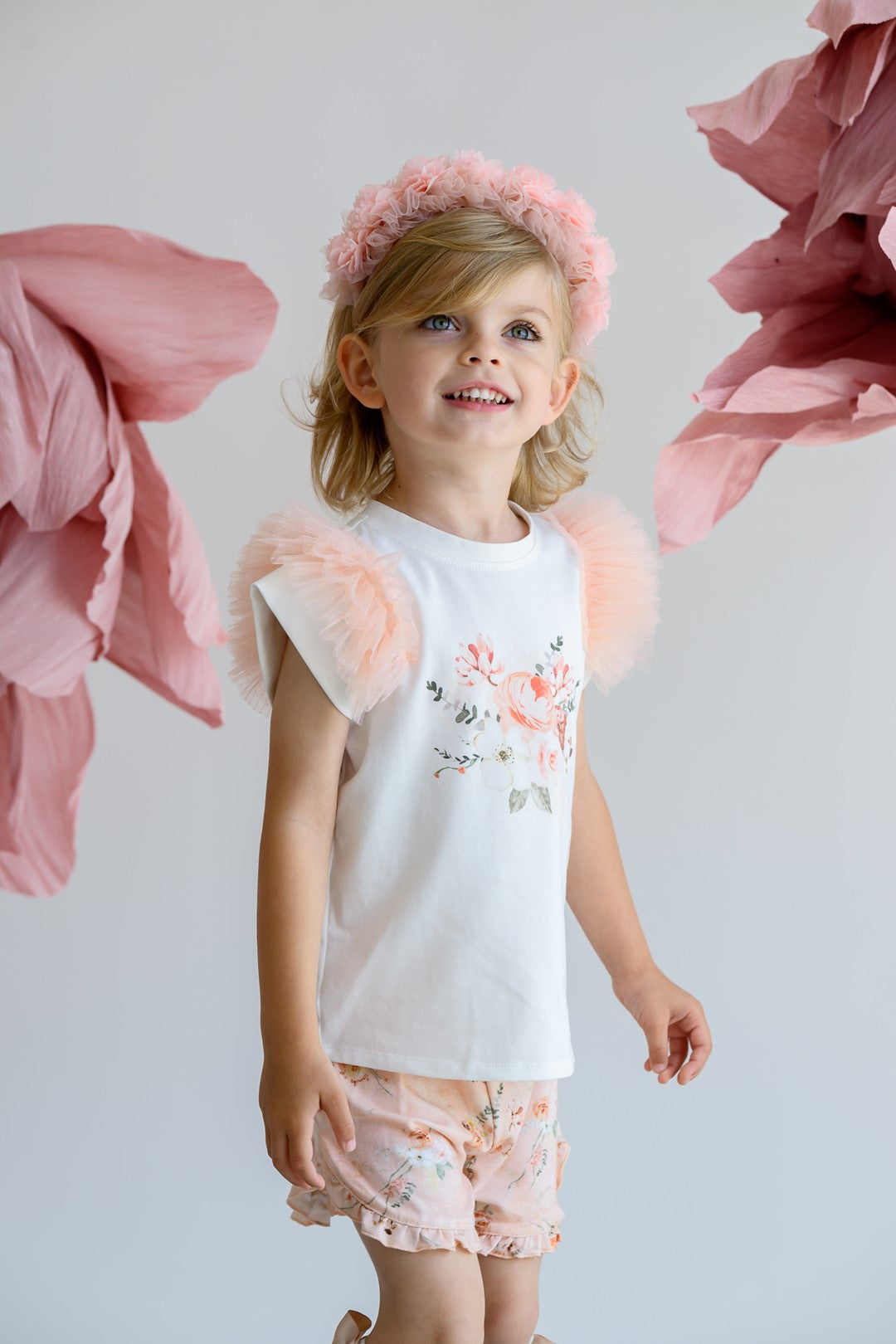 Jamiks "Deidra" Ivory & Peach Floral Tulle Top & Shorts | Millie and John