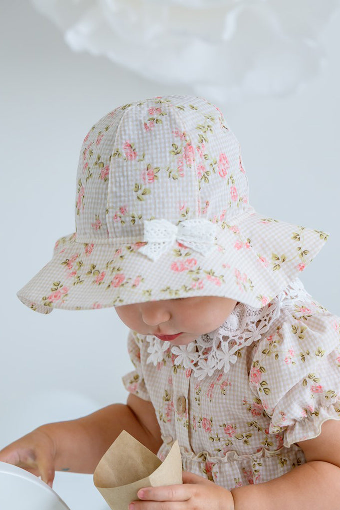 Jamiks "Diana" Beige Gingham Floral Sun Hat | Millie and John
