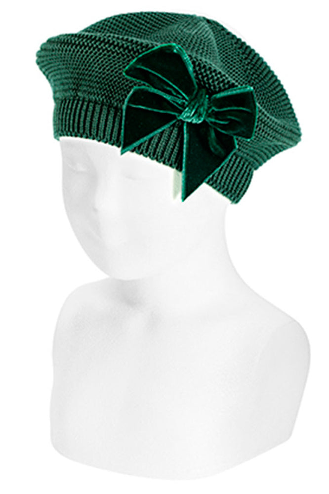 Condor Bottle Green Velvet Bow Beret | Millie and John