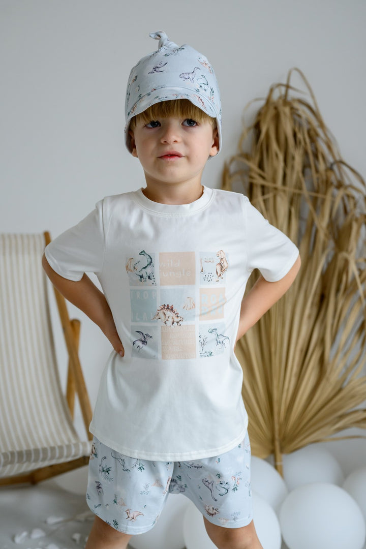 Jamiks "Johannes" Ivory & Blue Dinosaur T-Shirt & Shorts | Millie and John