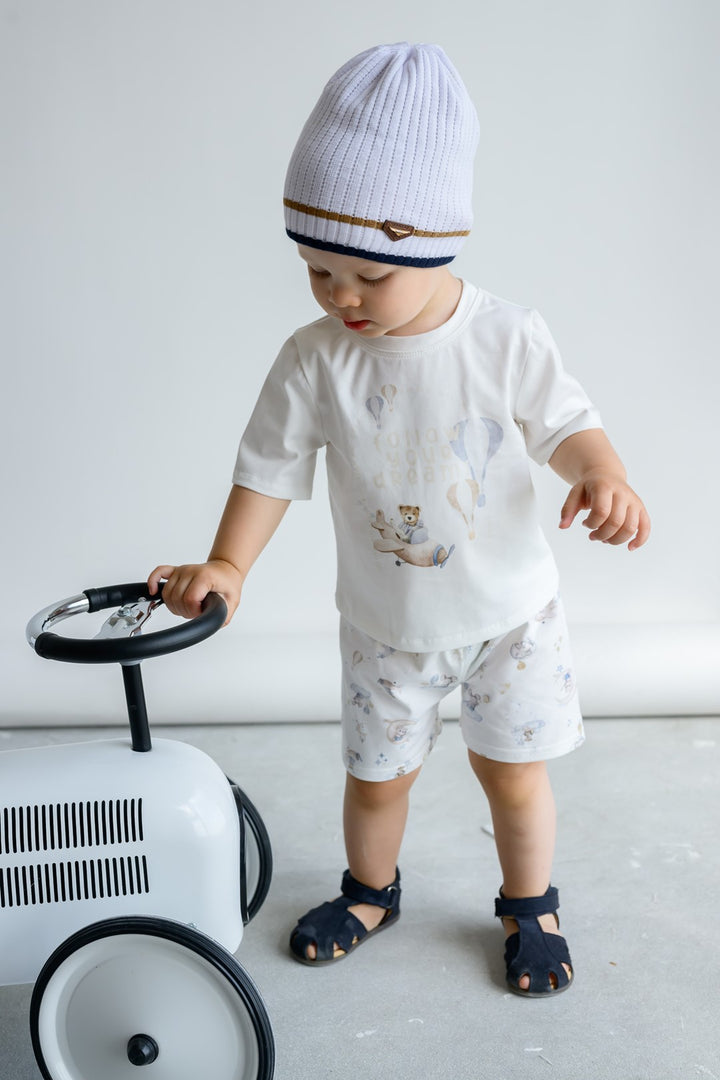 Jamiks "Jacob" Ivory, Beige & Blue Teddy T-Shirt & Shorts | Millie and John