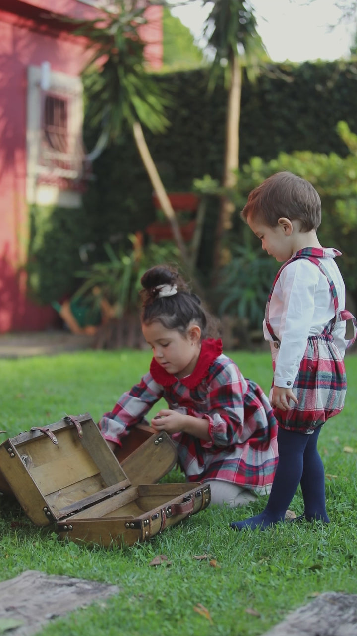 "Catriona" Red & Stone Tartan Smocked Dress
