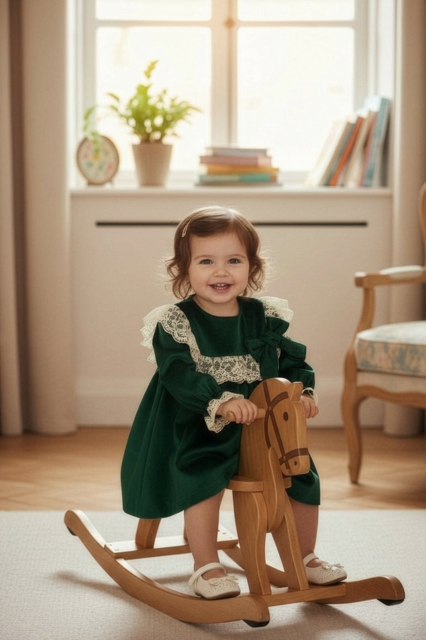 AW25 Valentina Bebs | "Esmerelda" Emerald Green Velvet Lace Dress Millie and John AW25 Valentina Bebs | "Esmerelda" Emerald Green Velvet Lace Dress Millie and John