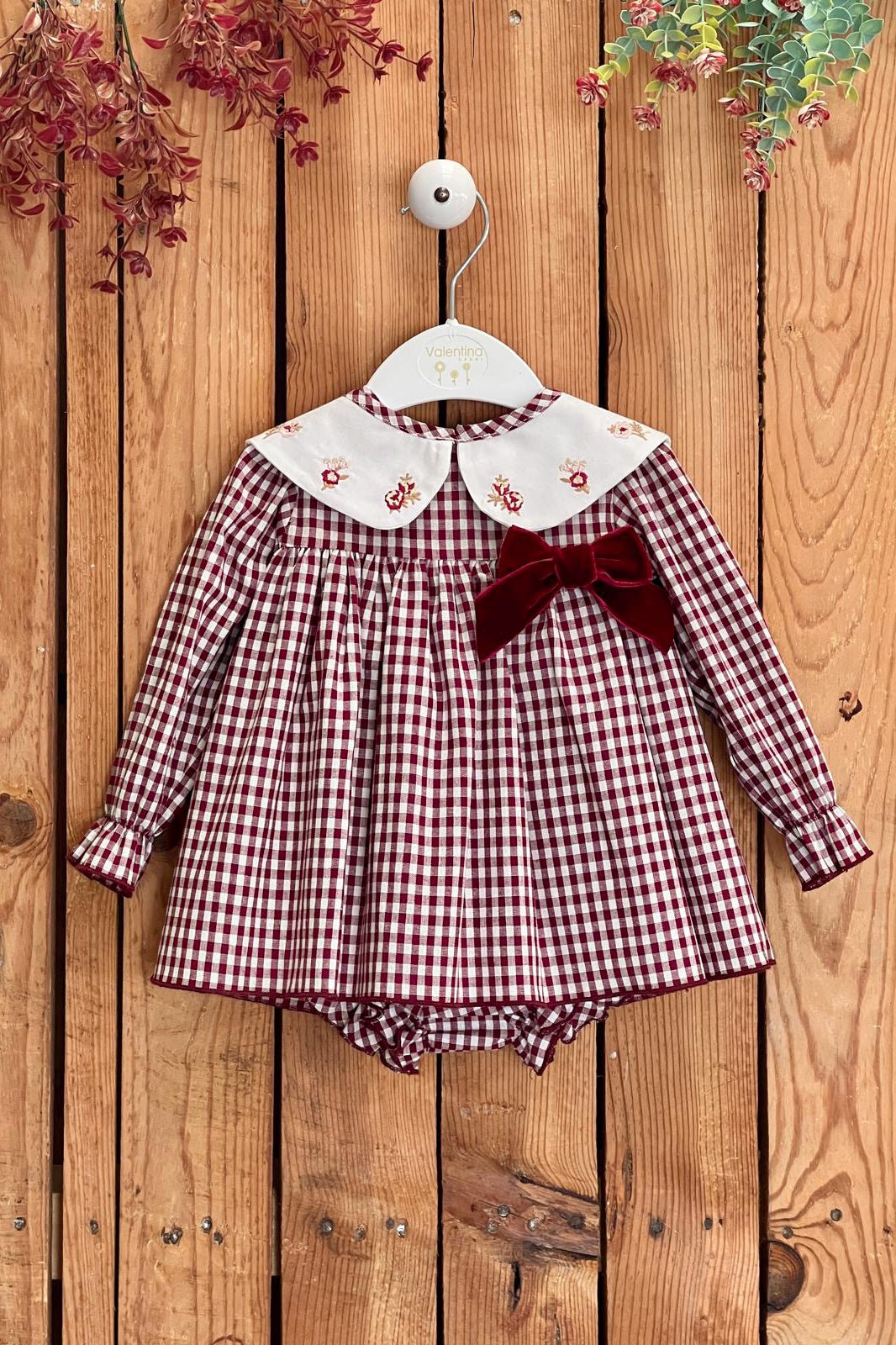 AW25 Valentina Bebs | "Penelope" Burgundy Gingham Dress & Bloomers Millie and John AW25 Valentina Bebs | "Penelope" Burgundy Gingham Dress & Bloomers Millie and John